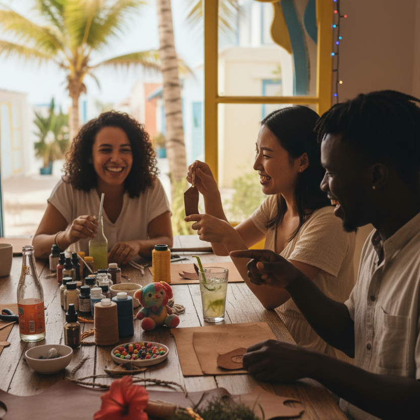 Three people sitting at a table with drinks and food, smiling and enjoying each other's company.